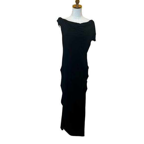 Paris Georgia Black Ruched Midi Dress MEDIUM Bodycon Off Shoulder Cocktail $250 - Picture 7 of 10